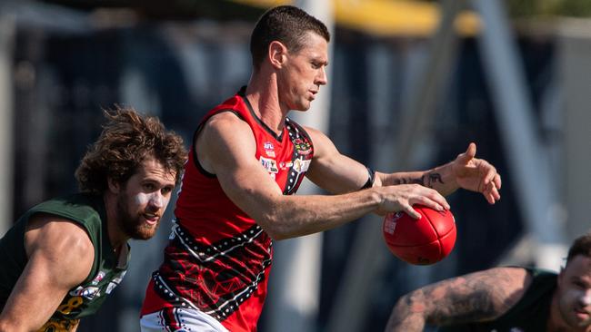 Sam Darley playing in the St Mary's vs Tiwi Bombers match in Round 6 of the 2024-25 NTFL season. Picture: Pema Tamang Pakhrin