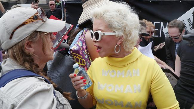 Kellie-Jay Keen clashes with protesters outside of Victorian parliament. Picture: NCA NewsWire / David Crosling