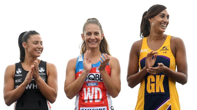 (L to R) Captains of Super Netball teams, Madi Robinson of the Magpies Netball Club, Abbey McCulloch of NSW Swifts and Geva Mentor of the Sunshine Coast Lightning.