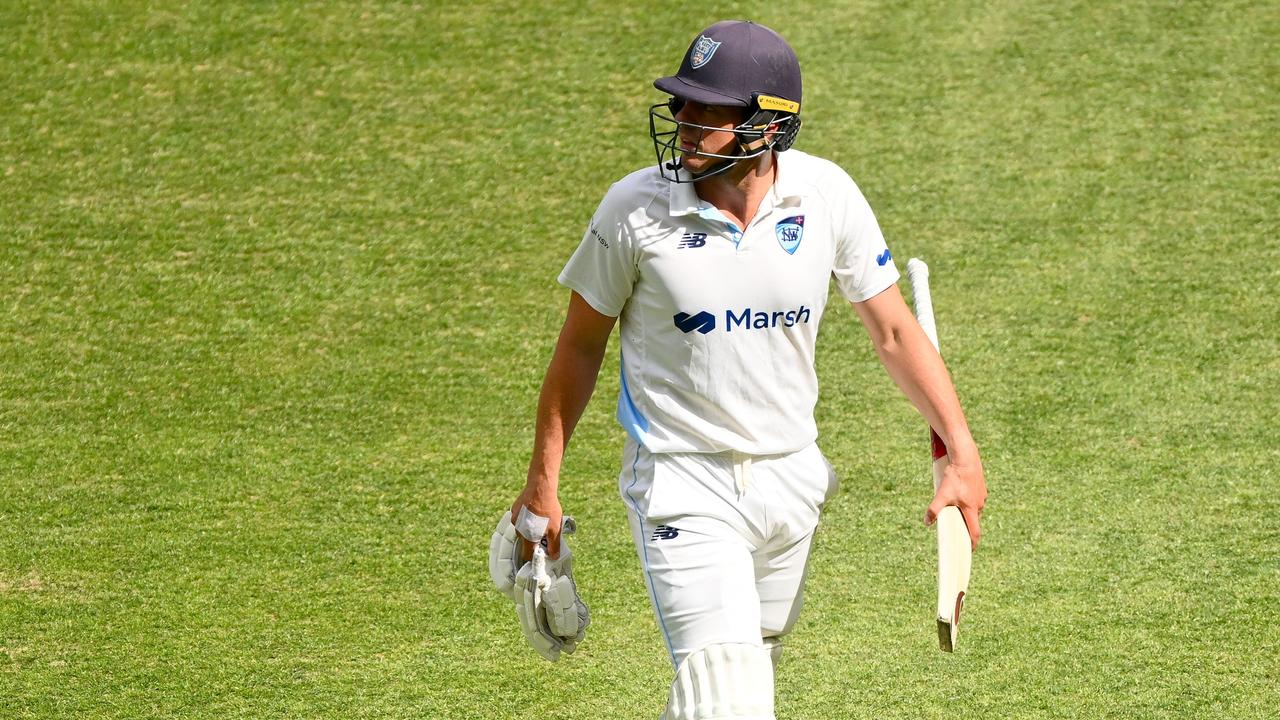 Moises Henriques walks off after losing his wicket. Picture: Getty Images