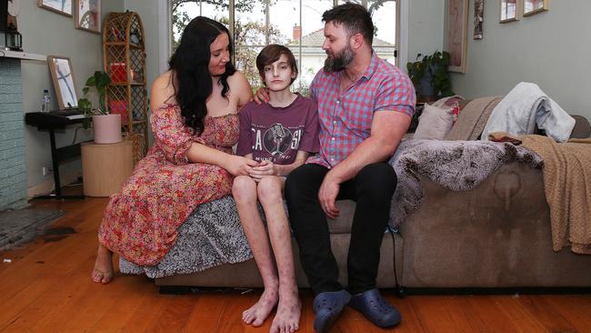 Janelle, Sebastian and Daniel Bridge. Lara teenager Sebastian Bridge is battling a rare health condition caused by mould in his family home that his family discovered by chance in June. Picture: Alan Barber