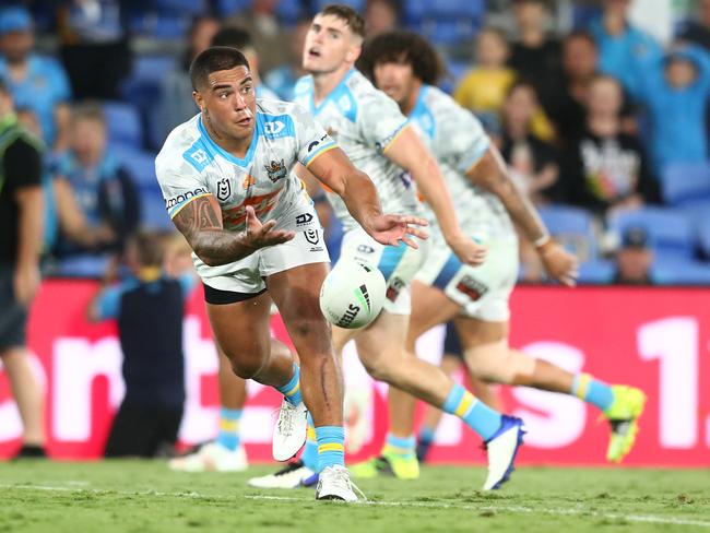 GOLD COAST, AUSTRALIA – APRIL 23: Erin Clark of the Titans passes during the round seven NRL match between the Gold Coast Titans and the South Sydney Rabbitohs at Cbus Super Stadium, on April 23, 2021, in Gold Coast, Australia. (Photo by Chris Hyde/Getty Images)