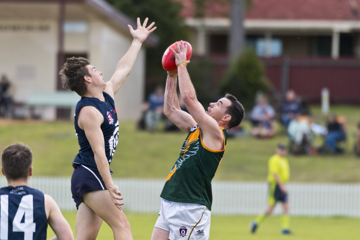 Harrison Copland (left) of Coolaroo and David O'Toole of Goondiwindi in AFL Darling Downs round one at Rockville Oval, Saturday, July 11, 2020. Picture: Kevin Farmer