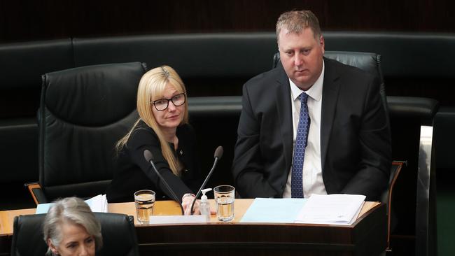 Independent member for Bass Lara Alexander and Independent for Lyons John Tucker. Question time in the Tasmanian parliament. Picture: Nikki Davis-Jones