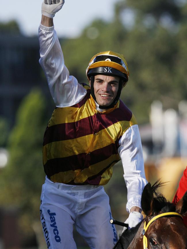 Katsidis celebrates an AJC Australian Derby win on Shoot Out at Royal Randwick Racecourse in Sydney, April, 2010.