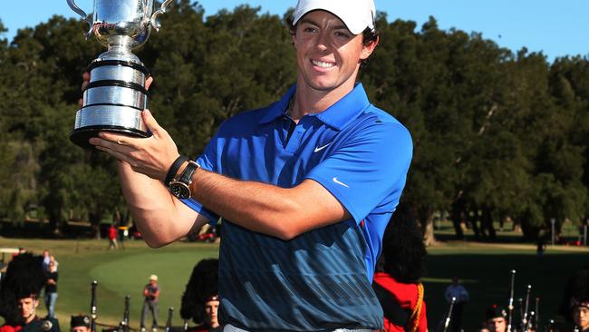 Rory McIlroy of Ireland with the Stonehaven Cup winner of the 2013 Emirates Australian Open Golf Championship at Royal Sydney Golf Course. pic. Phil Hillyard