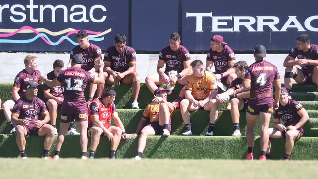 Brisbane Broncos player take a break during training. Picture: Annette Dew