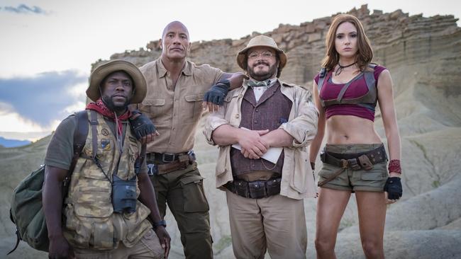 Kevin Hart, Dwayne Johnson, Jack Black and Karen Gillan in a scene from the movie Jumanji: The Next Level.