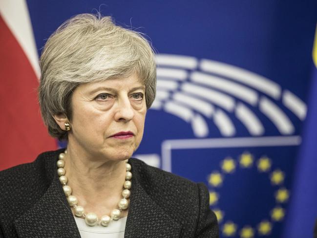 Britain's Prime Minister Theresa May, speaks during a media conference after a meeting with European Commission President Jean-Claude Juncker at the European Parliament in Strasbourg, eastern France, Monday, March 11, 2019. Prime Minister Theresa May is making a last-ditch attempt to get concessions from EU counterparts on elements of the agreement they all reached late last year. (AP Photo/Jean-Francois Badias)