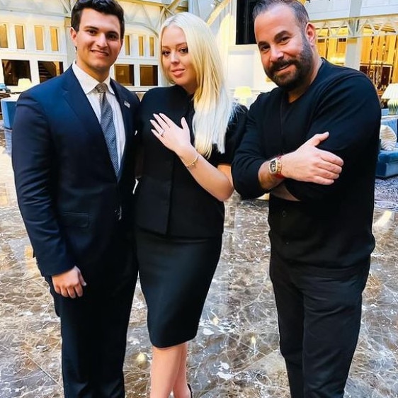 The couple posing with New York-based jeweller Samer Halimeh who designed Tiffany’s engagement ring. Picture: Instagram/samerhalimehny