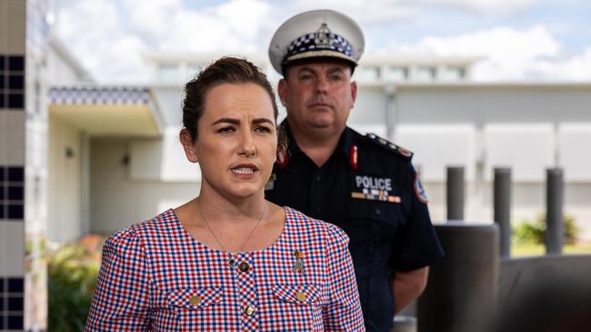 Chief Minister Lia Finocchiaro and NT's acting police commissioner Martin Dole at Wednesday’s media conference in Palmerston Police Station. Picture: Pema Tamang Pakhrin