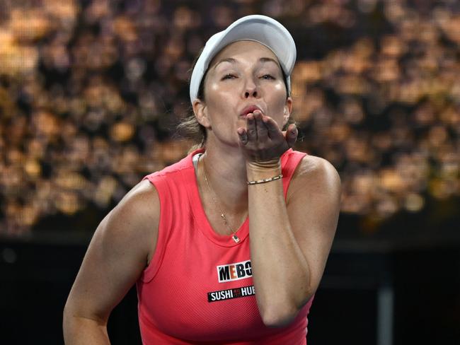 MELBOURNE, AUSTRALIA - JANUARY 16: Danielle Collins of the United States blows a kiss to the crowd as she celebrates winning match point in the Women's Singles Second Round match against Destanee Aiava of Australia during day five of the 2025 Australian Open at Melbourne Park on January 16, 2025 in Melbourne, Australia. (Photo by Hannah Peters/Getty Images)