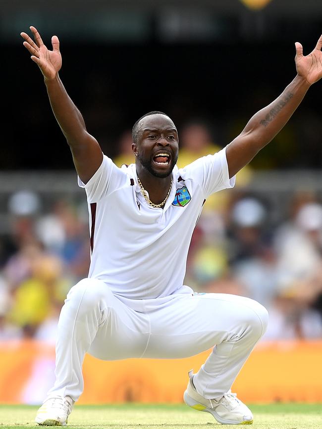 Kemar Roach appeals for Smith’s wicket. Picture: Bradley Kanaris/Getty Images