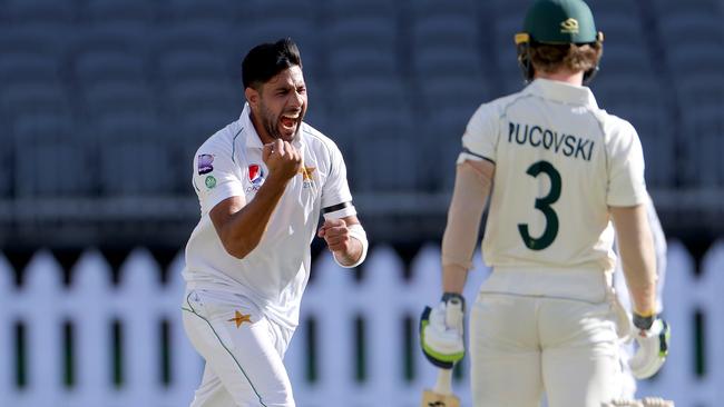 Imran Khan of Pakistan celebrates dismissing Australia A’s Will Pucovski on day two of the tour match at Perth Stadium in Perth. Picture: AAP Image/Richard Wainwright.