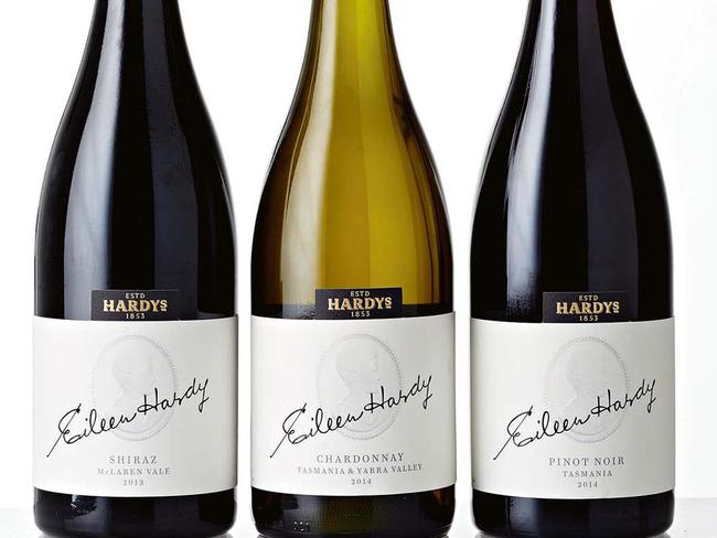 TWAM-20160806 embargo for TWAM 6 AUG 2016 no reuse without permission 2013 Hardy's Eileen Hardy Mclaren vale Shiraz, 2014 Hardy's Eileen Hardy Tasmanian Yarra Valley Chardonnay, 2014 Hardy's Eileen Hardy Tasmanian Pinot Noir Pic : supplied