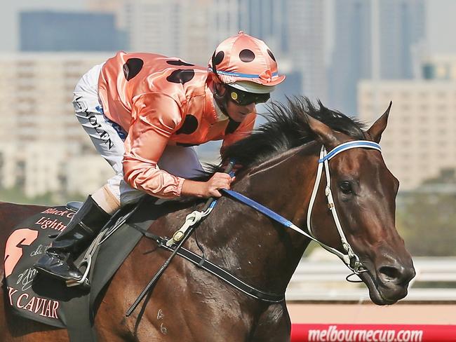 MELBOURNE, AUSTRALIA - FEBRUARY 16:  Jockey Luke Nolen riding Black Caviar wins race 7 the Black Caviar Lightning Stakes during Lightning Stakes Day at Flemington Racecourse on February 16, 2013 in Melbourne, Australia.  (Photo by Scott Barbour/Getty Images for the VRC)