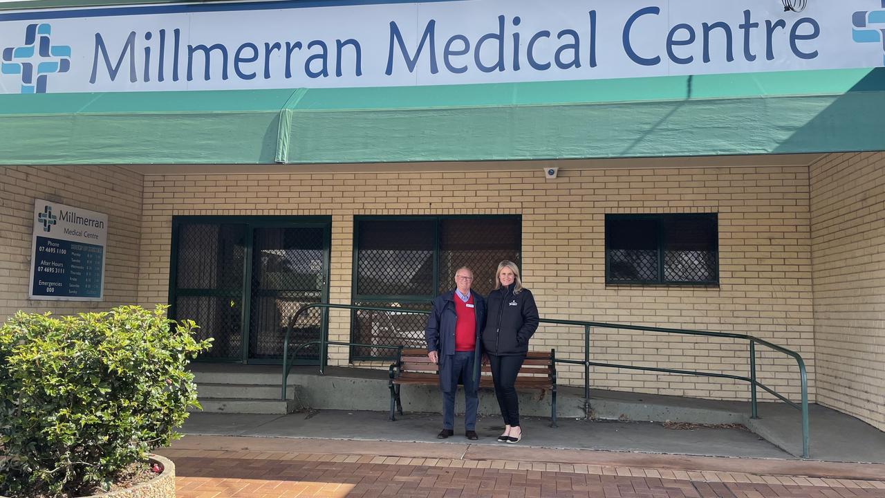 Toowoomba Hospital Foundation chairman Ray Taylor and CEO Alison Kennedy outside the Millmerran Medical Centre.