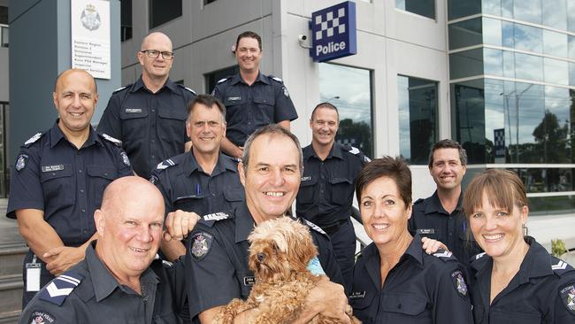 Knox top cop Senior Sergeant John Hess with some of his team and his dog Charlie. Picture: Ellen Smith