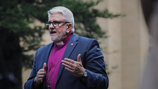 Anglican Bishop of Tasmania Richard Condie speaks to media. Picture: LUKE BOWDEN