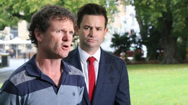 Harness racing trainer Gavin Kelly with Labor MP Dean Winter on Parliament Lawns on Tuesday, March 28, 2023.