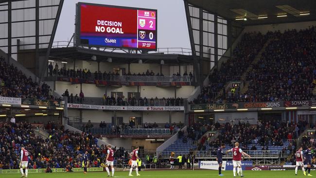 A general view of the big screen showing a VAR decision in Burnley, England