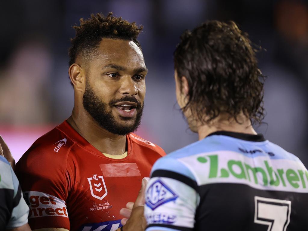 Hamiso Tabuai-Fidow wove inbetween Sharks defenders to score on of the best solo tries of the season. Picture: Getty Images