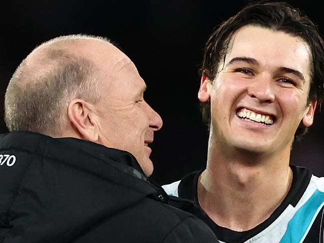 MELBOURNE, AUSTRALIA - JUNE 30: Ken Hinkley, Senior Coach of the Power and Connor Rozee of the Power celebrate winning the round 16 AFL match between St Kilda Saints and Port Adelaide Power at Marvel Stadium, on June 30, 2024, in Melbourne, Australia. (Photo by Quinn Rooney/Getty Images)