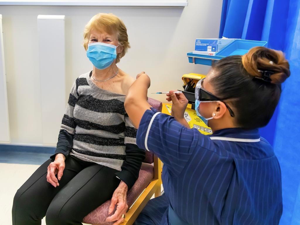 Margaret Keenan, 91, the first person to receive the Pfizer vaccine, received her second dose on December 29, 2020. Picture: Jonny Weeks/NHS England via Getty Images