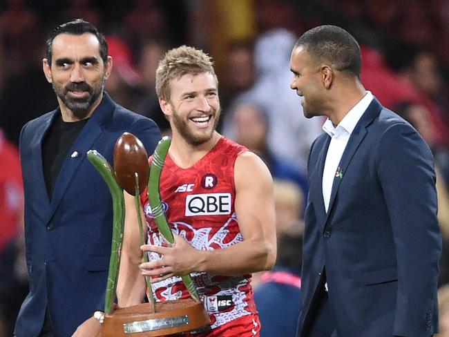 SAdam Goodes and Michael O’Loughlin with Keiren Jack in 2016.