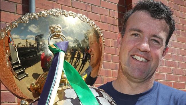 SANFL Chimney unveiling ceremony at the Brickworks, with the 2021 Premiers, Coach Jade Sheedy with Premiership Cup. The Woodville West Torrens Eagles. 5 October 2021. Picture Dean Martin