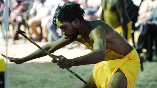 A dancer performs at the treaty MOU signing at Barunga. Picture: Keri Megelus