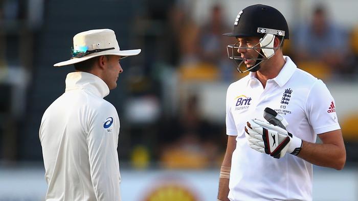 BRISBANE, AUSTRALIA - NOVEMBER 24: Michael Clarke of Australia and James Anderson of England exchange words during day four of the First Ashes Test match between Australia and England at The Gabba on November 24, 2013 in Brisbane, Australia. (Photo by Ryan Pierse/Getty Images)