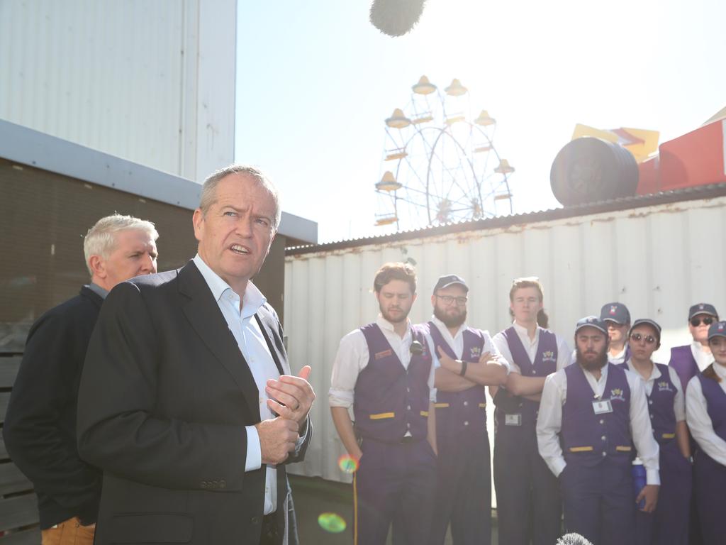 Opposition Leader Bill Shorten talks to workers and at Luna Park in St Kilda. Picture: Kym Smith