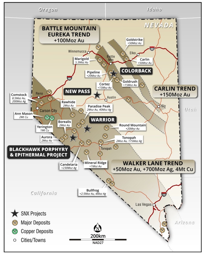 Location of SNX projects in Nevada, USA showing the location of the major gold, silver and copper deposits. Pic: SNX