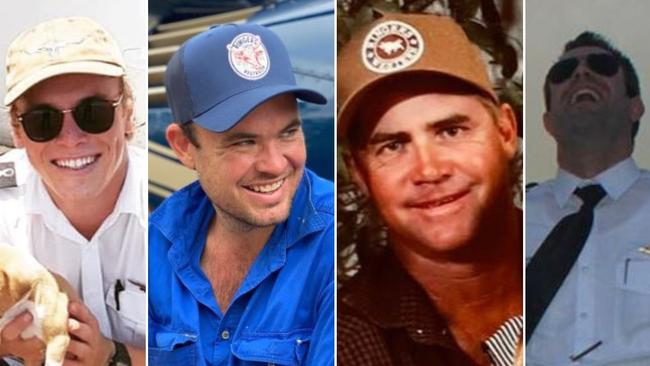 Eight people have lost their lives in fatal helicopter and plane crashes in the NT since 2017. This includes Darcy McCarter, left, Chris 'Willow' Wilson, Norman Fisher and Daniel Burrill.