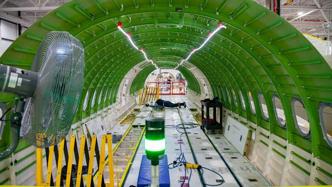 The first Qantas' A220 has begun production at the Airbus facility in Mirabel, Canada where the centre and rear fuselage come together. Picture: Supplied.