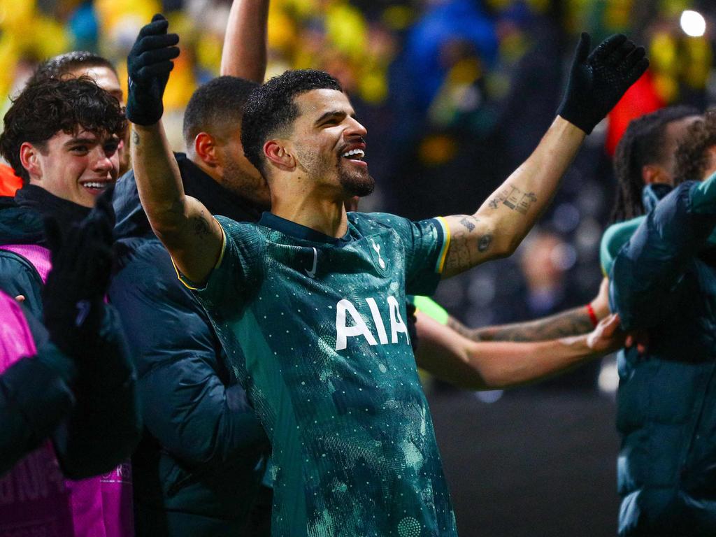 Spurs striker Dominic Solanke celebrates with Tottenham players and fans after the club’s Europa League success against Bodo/Glimt. Picture: Mats Torbergsen / NTB / AFP