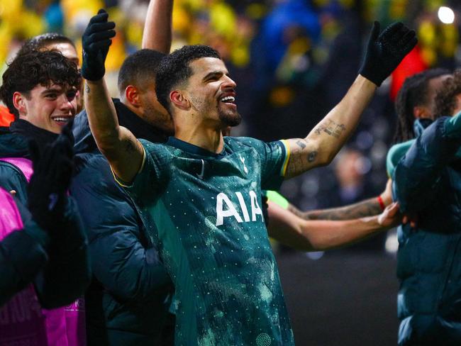 Spurs striker Dominic Solanke celebrates with Tottenham players and fans after the club’s Europa League success against Bodo/Glimt. Picture: Mats Torbergsen / NTB / AFP