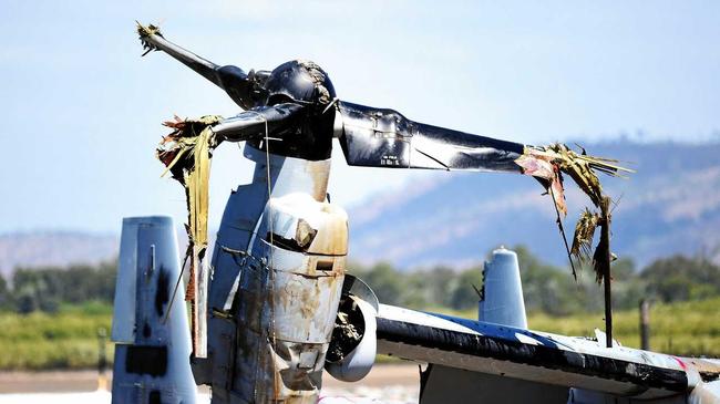 The Osprey that crashed off Shoalwater Bay near Rockhampton has been shipped to Townsville. Picture: Zak Simmonds