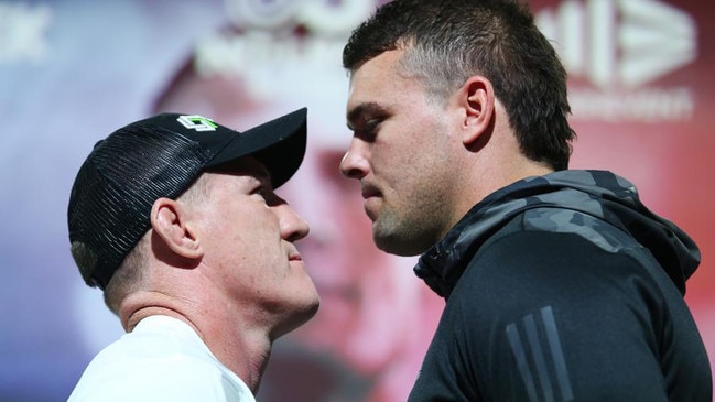 Australian boxers Paul Gallen and Darcy Lussick face off after a press conference to announce a new boxing event on December 22, at The Venue, Alexandria. Picture: No Limit Boxing / Brett Costello