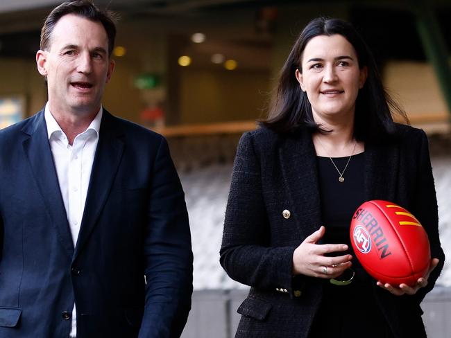 MELBOURNE, AUSTRALIA - AUGUST 28: Incoming AFL Chief Executive Andrew Dillon and newly appointed AFL Executive General Manager Football Laura Kane are seen during an AFL Media Opportunity at Marvel Stadium on August 28, 2023 in Melbourne, Australia. (Photo by Michael Willson/AFL Photos via Getty Images)