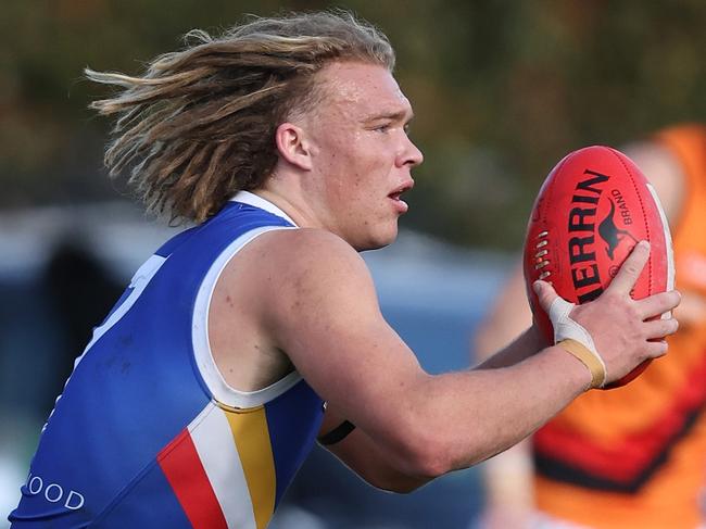 MELBOURNE, AUSTRALIA - JUNE 15: Cody Anderson of the Ranges in action during the 2024 Coates Talent League Boys Round 11 match between the Eastern Ranges and the Calder Cannons at Box Hill City Oval on June 15, 2024 in Melbourne, Australia. (Photo by Rob Lawson/AFL Photos)