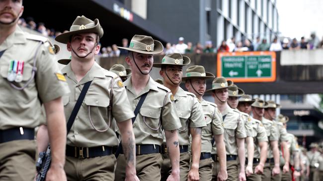Marching done Adelaide St, during the Anzac Day Parade, Brisbane City. Photo: Steve Pohlner