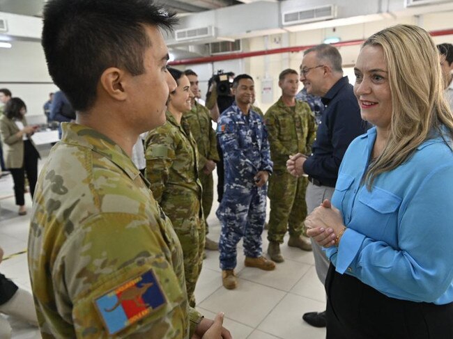 Mr Albanese and his partner Jodie Haydon laid a wreath at the Camp Baird memorial in the United Arab Emirates and later shared breakfast with the troops. Picture: Supplied--