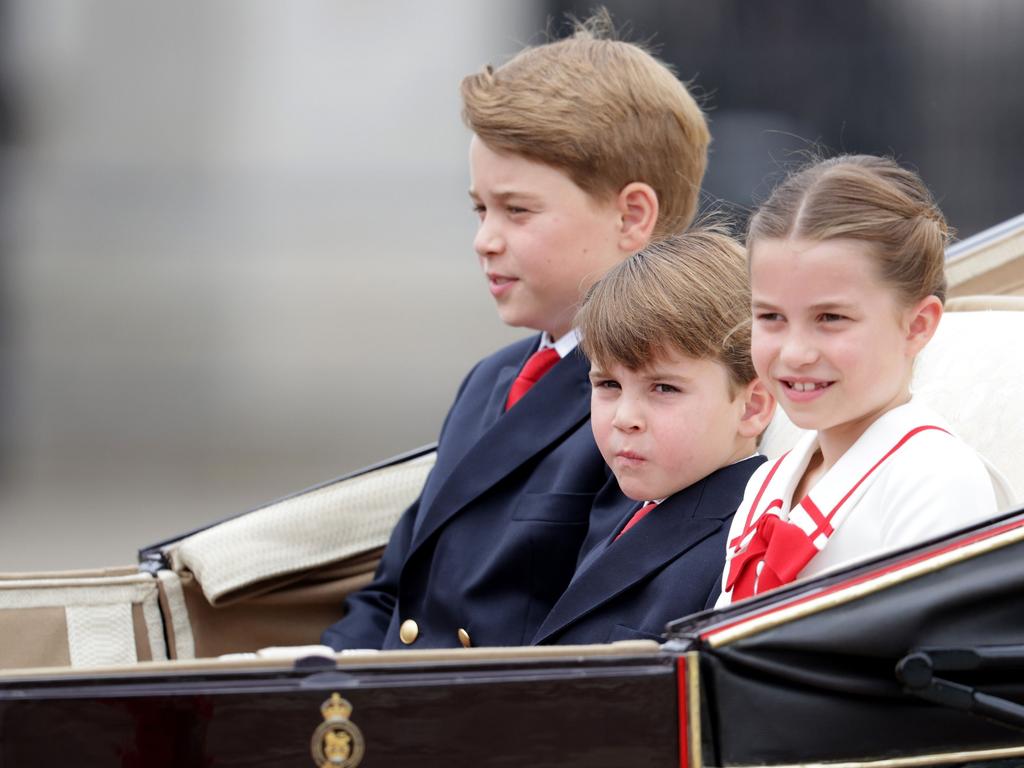 Prince George with Prince Louis and Princess Charlotte during Trooping the Colour last month. Picture: Getty Images