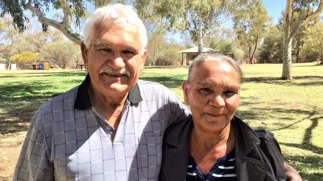 Central District Football Club great Sonny Morey with his sister Phyllis Gorey in Alice Springs. Picture: Robert Laidlaw