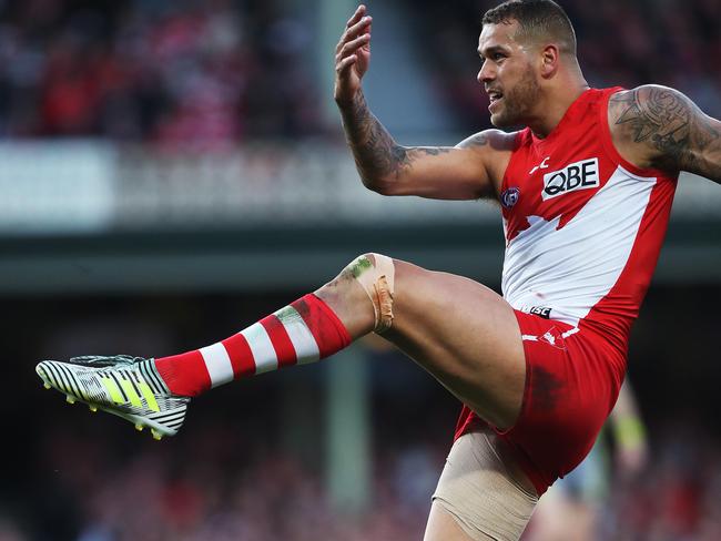 Buddy’s leg was heavily strapped against Essendon