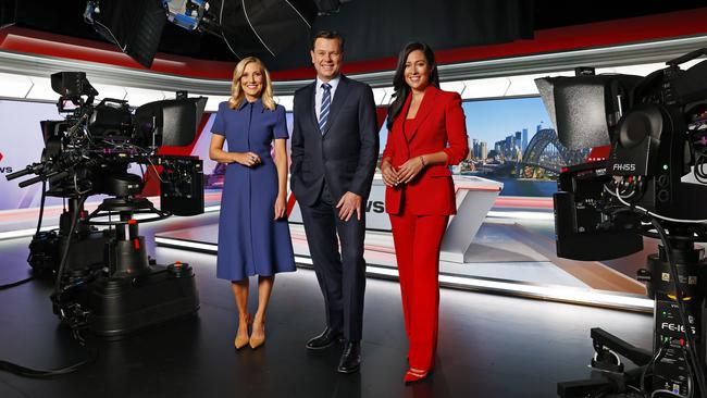 7NEWS weather presenter Angie Asimus, anchor Mark Ferguson, and sports anchor Mel McLaughlin in the new studios at Eveleigh. Picture: Richard Dobson