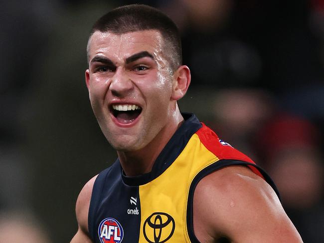 MELBOURNE, JULY 19, 2024: 2024 AFL - Round 19 - Essendon Bombers v Adelaide Crows at Marvel Stadium. Josh Rachele of the Crows celebrates a goal. Picture: Mark Stewart