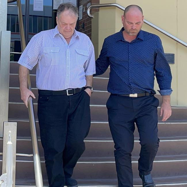 Andergrove man Phillip Williams (left) leaves Mackay courthouse after pleading guilty to driving without due care and attention causing the death of his wife on August 5, 2022 at Anakie Siding. Picture: Janessa Ekert